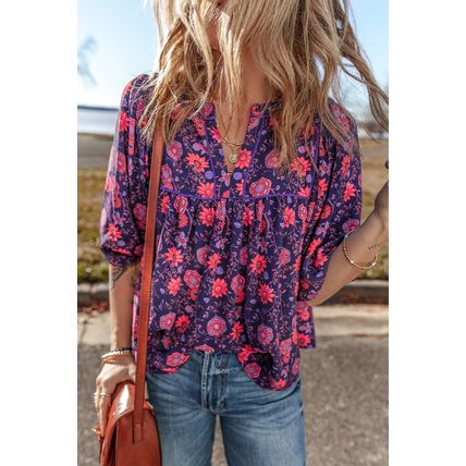 Purple Floral Half Sleeve Split Neck Blouse Top
