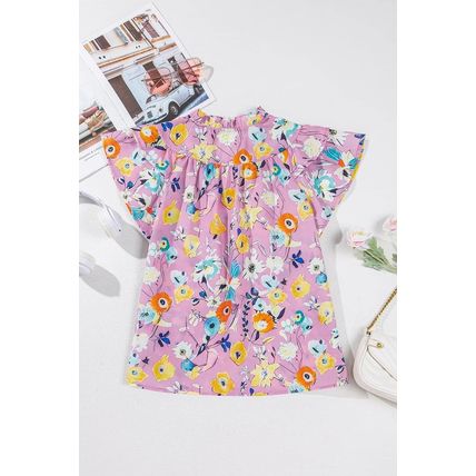 Pink Flutter Sleeve V Neck Floral Top