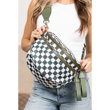 Blackish Green Checkered Print Wide Strap Large Crossbody Bag