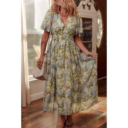Multicolour Vintage Floral V Neck Short Puff Sleeve Long Dress