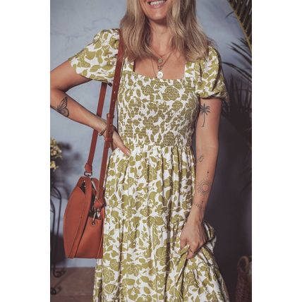 Yellow Boho Floral Square Neck Smocked Bust Puff Sleeve Tiered Long Dress