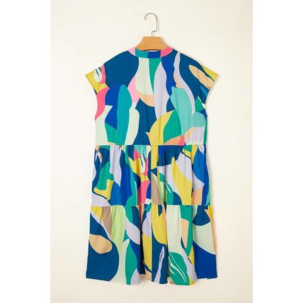 Blue Abstract Print V Neck Cap Sleeve Pocketed Mini Dress