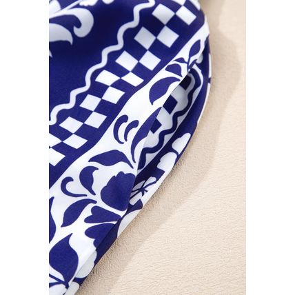 Dirty blue Shirred Waist V Neck Sleeveless Floral Print Midi Dress
