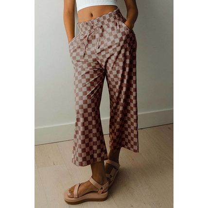 Khaki Checkered Elastic High Waist Loose Casual Pants