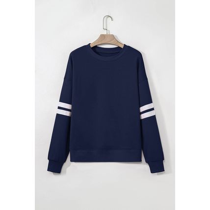 Navy Blue Varsity Striped Detail Drop Shoulder Oversized Sweatshirt