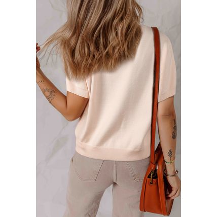 Oatmeal Pearl Bow Embellished Dolman Short Sleeve Sweater