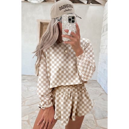 Khaki Checkered Long Sleeve Crop Top High Waist Skort 2pcs Set