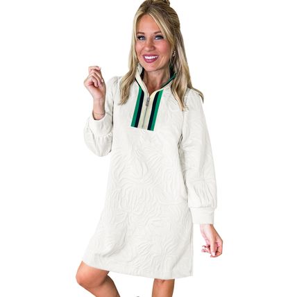 White Jacquard Textured Quarter Zipper Shift Mini Dress