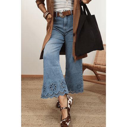Dusk Blue Embroidered Cropped Wide Leg High Waist Jeans