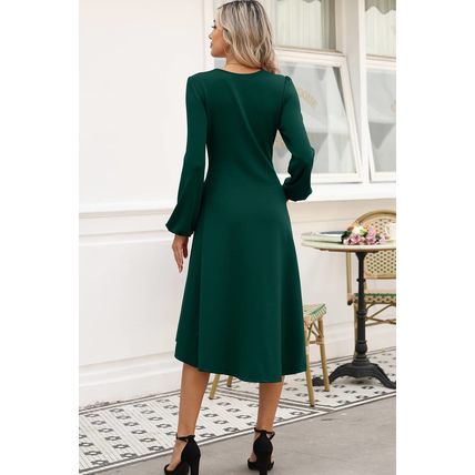 Blackish Green Solid Color Ruched Detail Long Sleeve Midi Dress