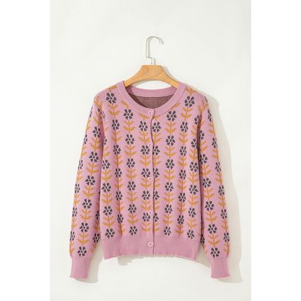 Pink Floral Button Down Ribbed Banded Cardigan Sweater