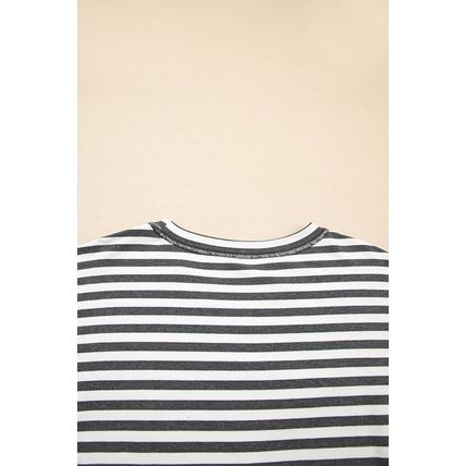 Gray Stripe Starry Patch Drop Shoulder Raw Edge Casual Knit Top