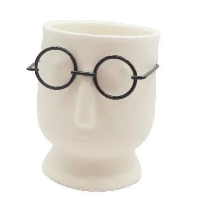 Geometric Head Ornament White Ceramic Wearing Black Glasses 9 CM Gift Home Decor