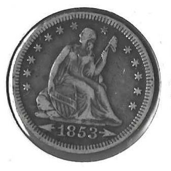 1853 A+R US Seated Liberty Quarter VF/XF