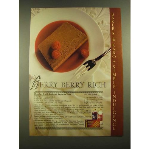 1988 Baker's Semi-Sweet Chocolate & Karo Corn Syrup Ad - Chocolate Truffle Loaf