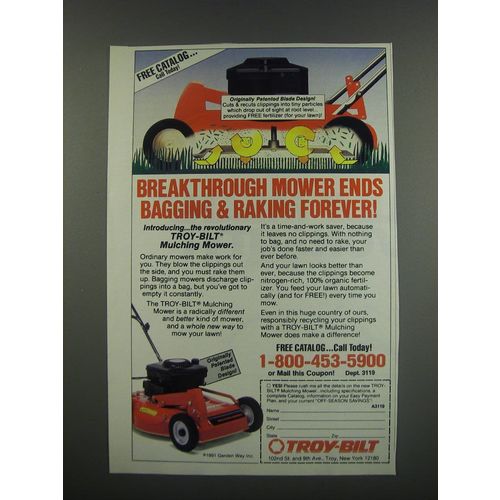 1991 Troy-Bilt Mulching Mower Ad - Breakthrough Mower ends bagging & Raking fore