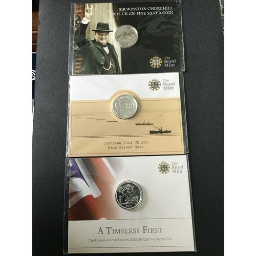 ELIZABETH II ROYAL MINT THREE TWENTY POUNDS FINE SILVER COINS 2013/2014/2015.