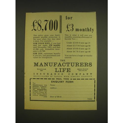 1963 The Manufacturers Life Insurance Ad - £8,700 for £3 monthly