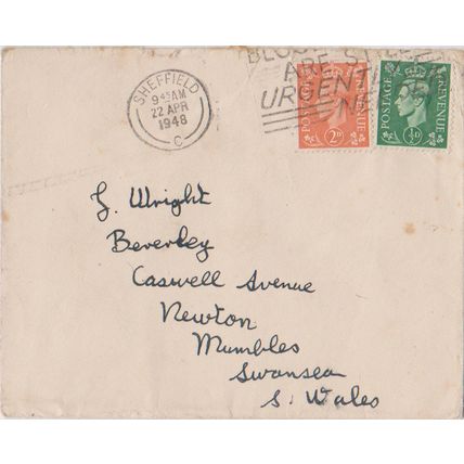 GB 1948 cover Sheffield to Swansea Blood Donors are Urgently Needed slogan