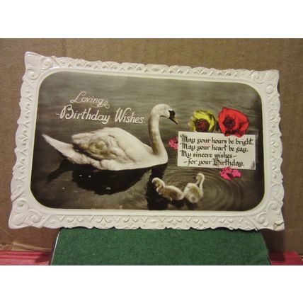 LOVING BIRTHDAY WISHES .. used vintage postcard SWAN + signets