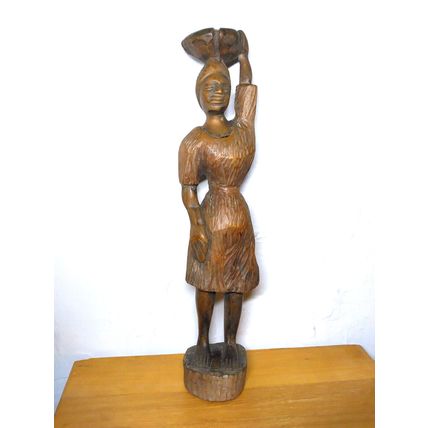 African Sculpture Tribal Woman Water Pot on Head Wood Carving - Abstract Art 19"