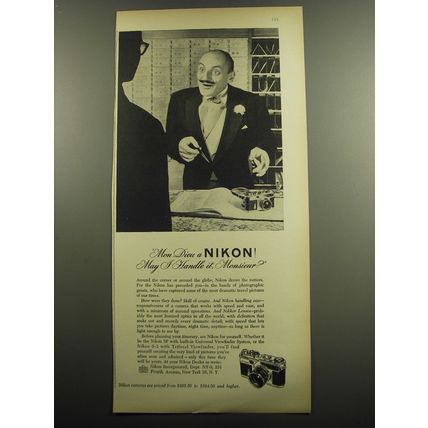 1958 Nikon Cameras Ad - Mon Dieu a Nikon! May I handle it, Monsieur?