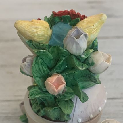 Vintage Bunny Rabbit Watering Can Lidded Trinket Box Tulips Roses Sun Bonnet Hat