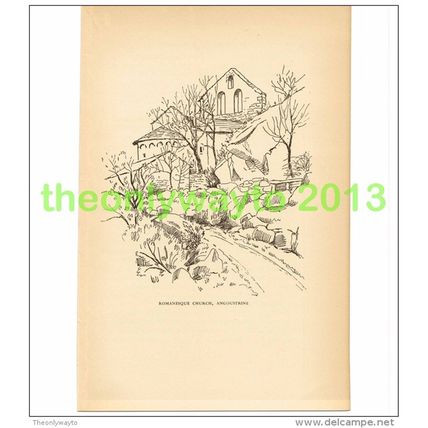 ROMANESQUE CHURCH, ANGOUSTRINE, FRANCE, BOOK PLATE/PRINT BY HELEN KAPP, 1939