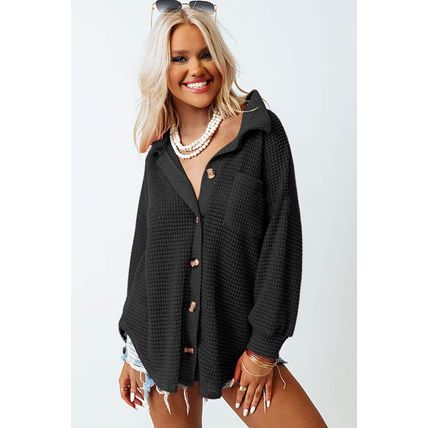 Black Waffle Knit Button Up Casual Shirt