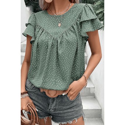 Laurel Green Dotted Ruffle Sleeve Crew Neck Ruched Blouse