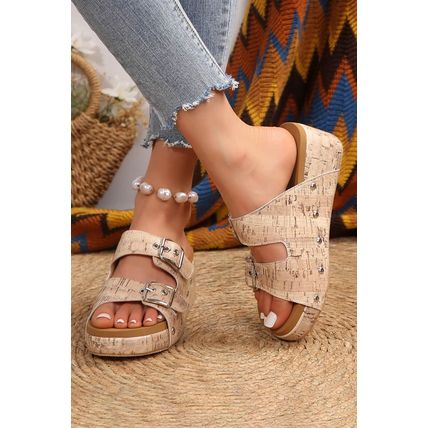 Pale Khaki Retro Buckle Studded Platform Slippers