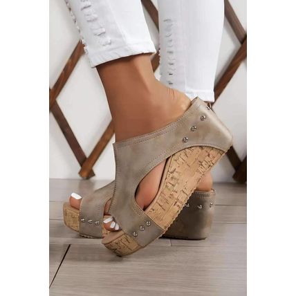 Gray Hollow Out Studded PU Leather Wedge Slippers
