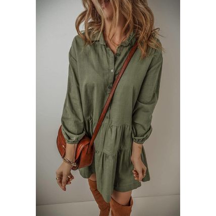 Jungle Green Puff Sleeve Buttoned Tiered Pleated Shirt Mini Dress