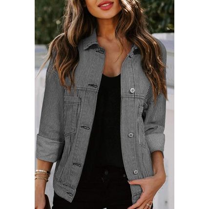 Blue Stripe Washed Oversize Pocketed Denim Jacket