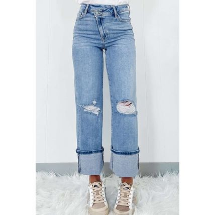 Dusk Blue High Rise Asymmetric Button Zip Fly Ripped Jeans