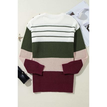 Green Color Block Striped Buttoned Shoulder Split Sweater