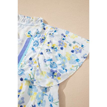 Sky Blue Floral Print Frilled Notched V Neck Blouse