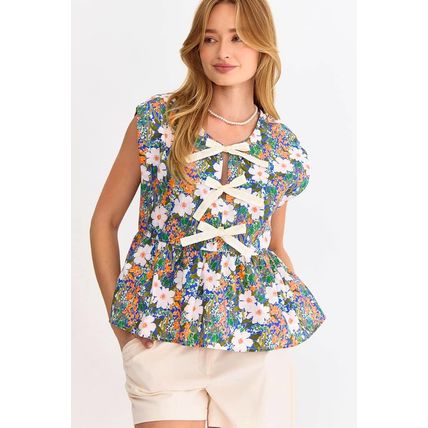 Green Floral Print Bow Applique Slit Sleeveless Peplum Blouse