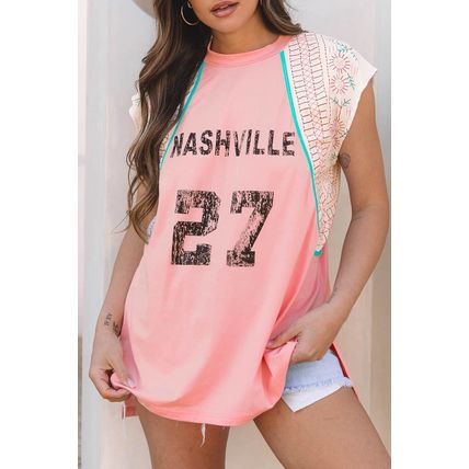 Light Pink Vintage Nashville Printed Patchwork Tank Top