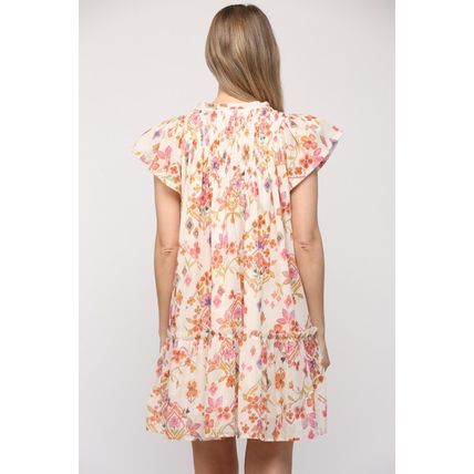Apricot Floral Geometric Print Ruffled Trim Flutter Sleeve Mini Dress