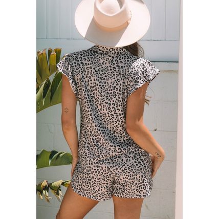 Brown Leopard Half Zipper Collared Ruffled Sleeve Top and Short Set