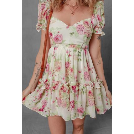 White Vibrant Floral Bubble Sleeve Sweetheart Neck Ruffle Mini Dress
