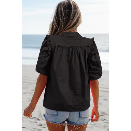 Black Frilly Puff Sleeve Stylish Collared Shirt