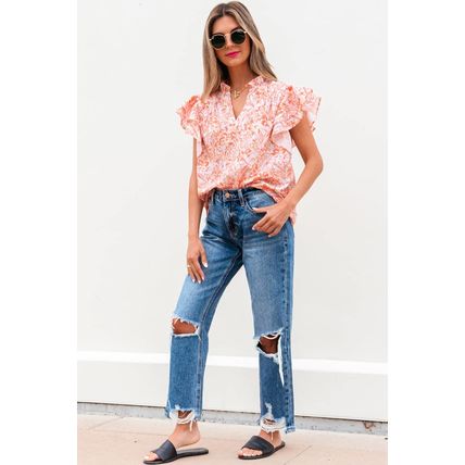 Orange Floral Ruffle Sleeve Split Neck Blouse