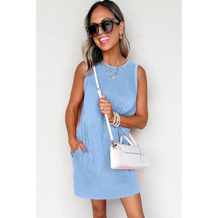 Beau Blue Mineral Wash Tank Mini Dress with Pockets