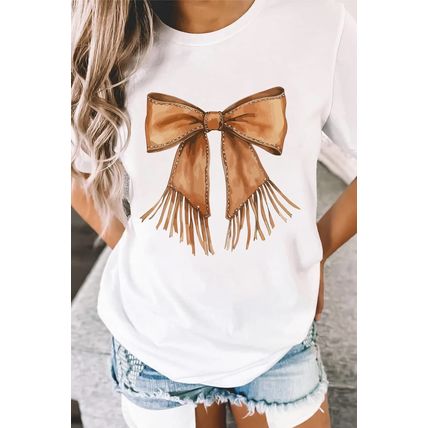 White Tassel Bowknot Print Round Neck Western Fashion T Shirt