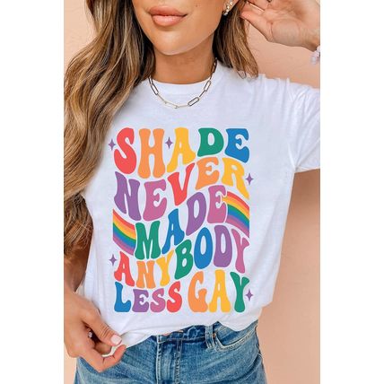 White SHADE NEVER MADE ANYBODY LESS GAY Pride Graphic Tee