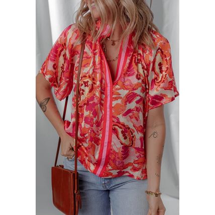 Rose Abstract Print Striped Trim Split Neck Blouse