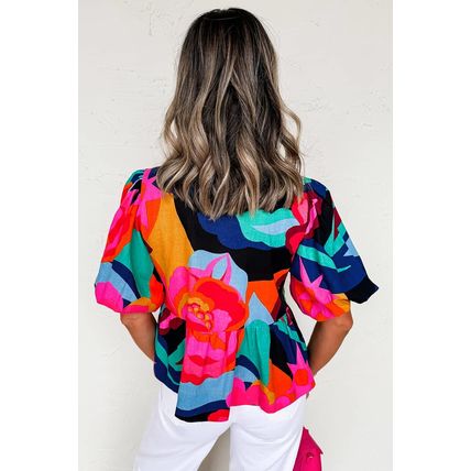 Red Abstract Floral Print Front Tied Puff Sleeve Babydoll Blouse