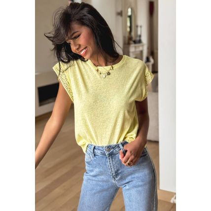 Yellow Cream Lace Patchwork Cap Sleeve Round Neck T Shirt
